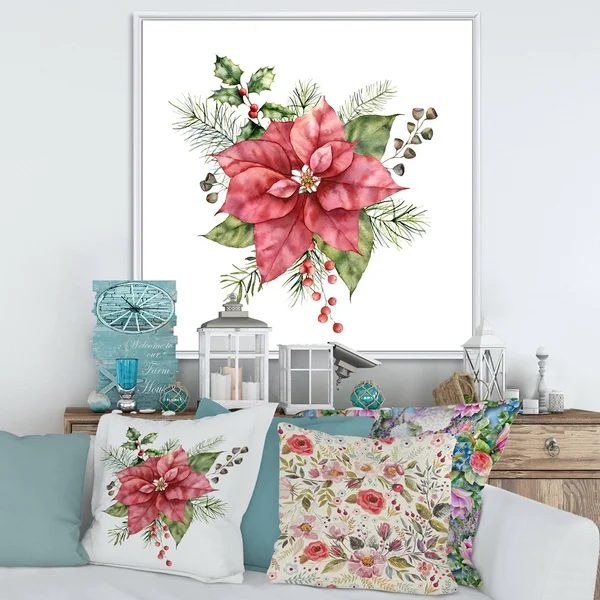 Designart &Holly Mistletoe Berries & Christmas Fir Branch II& Traditional Framed Canvas Wall Art Print - 36 in. Wide x 36 in
