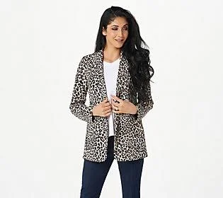 Susan Graver Reg Print or Solid Bonded LKFusion Blazer, Size 1X, Brown Animal