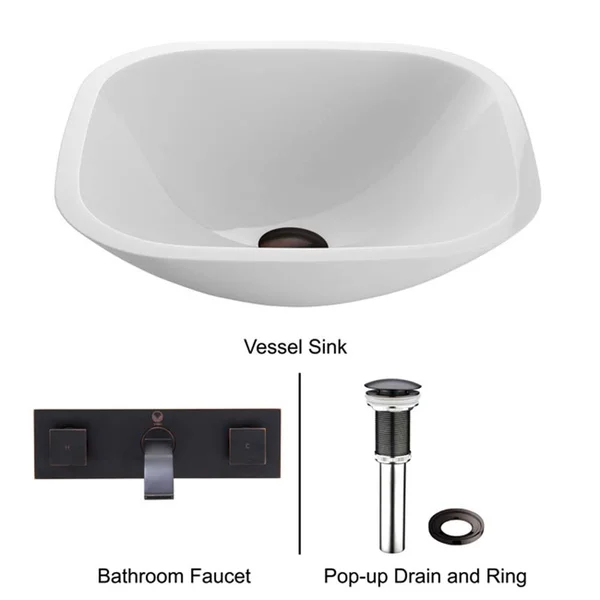 Vigo VGT221 Square Shaped White Phoenix Stone Glass Vessel Sink with Wall Mount Faucet - Chrome