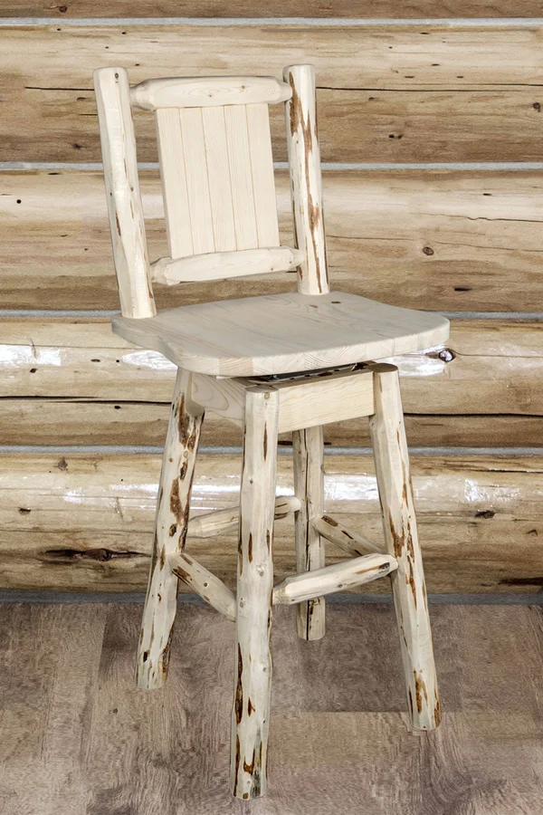Montana Collection Barstool w/ Back & Swivel w/ Laser Engraved Wolf Design, Clear Lacquer Finish
