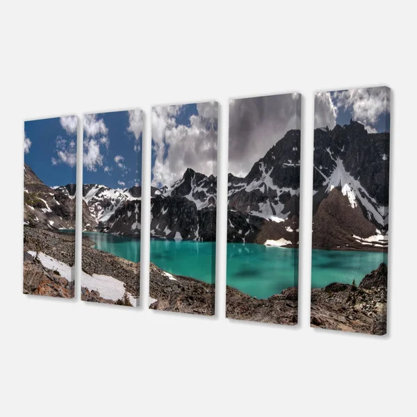 Designart 'Distant Mountains and Mountain Lake' Landscape Artwork Canvas Print - 60 in. Wide x 32 in. High - 5 Panels Diamond Sh