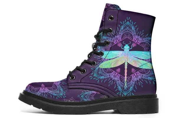Dragonfly Mandala Boots - Purple and Blue Boots, YesWeVibe Men's Boots, Black Sole, US 13, EU48