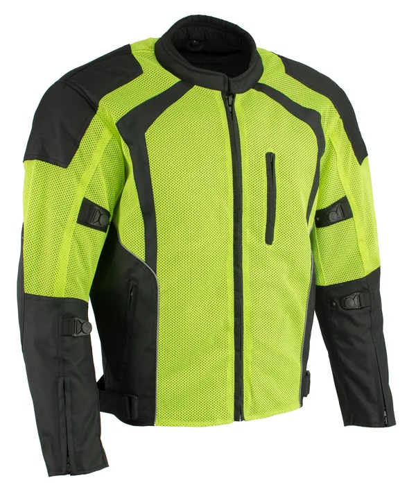 Milwaukee Leather Performance Mpm1793 Men's Armor High Vis Black & Green Mesh Racer Jacket with Reflective Piping - Neon Gre