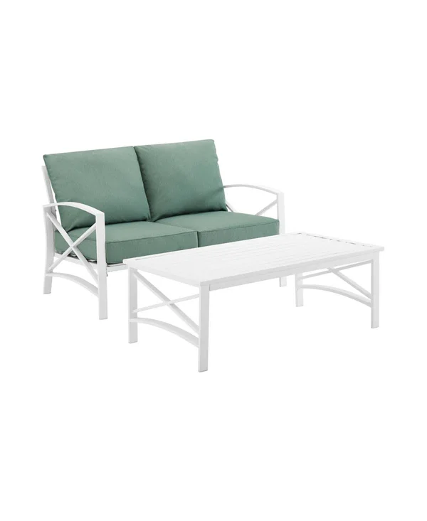 Crosley Kaplan 2-Piece Outdoor Seating Set, White, Gray Cushions, Loveseat, Coffee Table