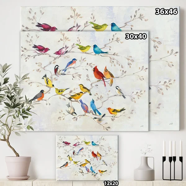 Designart &Multi-Color Bird on Tree& Modern Farmhouse Canvas Art - Multi-Color 32 in. Wide x 24 in. High
