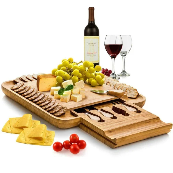 Bamboo cheese Board and Cutlery Set with Slide-Out Drawer
