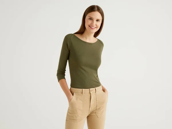 Benetton, T-Shirt with Boat Neck in 100% Cotton, Size XL, Military Green, Women