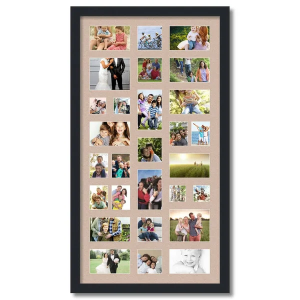 Collage Picture Frame, Satin Black Frame with 28 openings for 4x5 Photos with Grey Beige Mat. D3926DV561, ArtToFrames