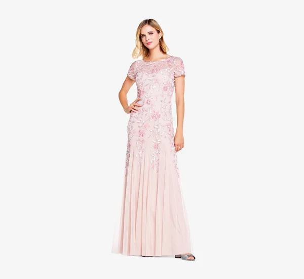 Adrianna Papell Hand Beaded Short Sleeve Floral Godet Gown, Blush, Size: 20