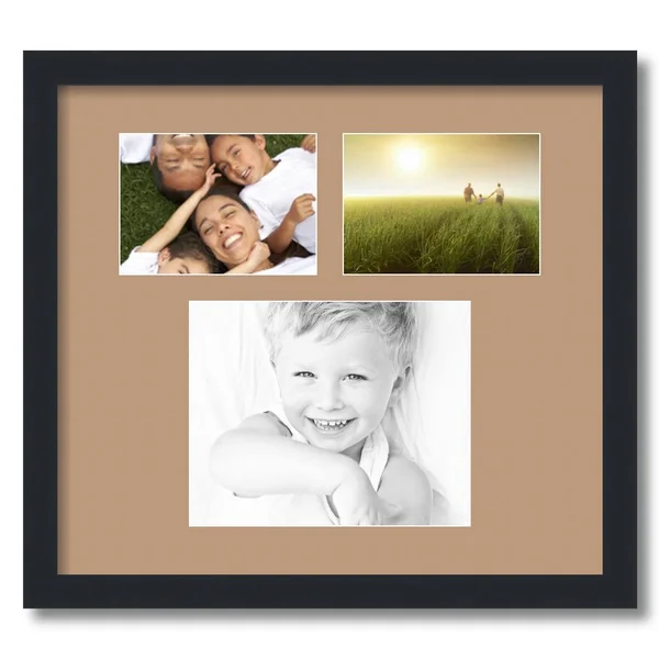 Collage Picture Frame - Satin Black Frame with 3 openings for 8x10 Photos with Brown Desert Sand Mat. D3926DZ488, ArtToFrames