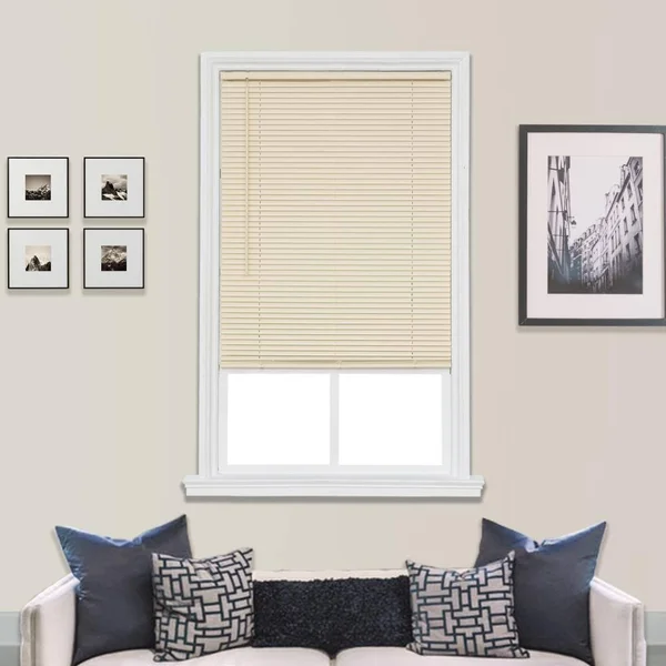 Project Source 1-in Slat Width 70.5-in x 64-in Cordless Ivory Vinyl Room Darkening Mini Blinds in Off-White, CCDDX7264-70.5