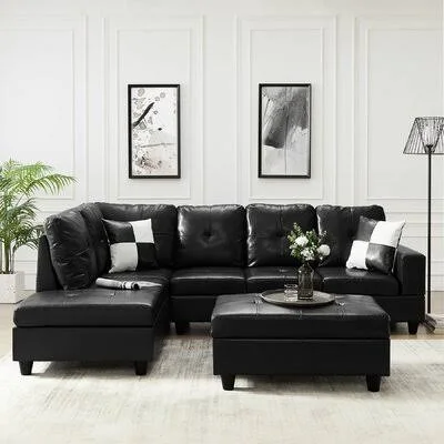 Cin 102x22 Wide Faux Leather Sofa & Chaise with Ottoman Latitude Run Leather Type: Black Faux Leather, Orientation: Left