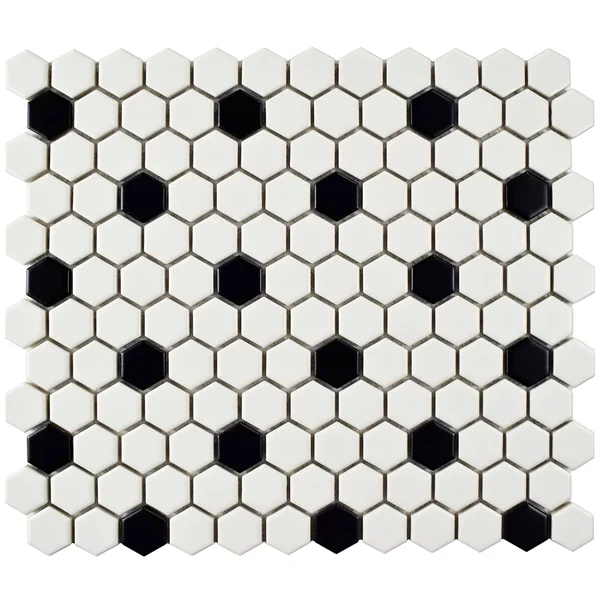 SomerTile Victorian Hex Porcelain Floor and Wall Tile, Matte White/Black Dot - 10 pack