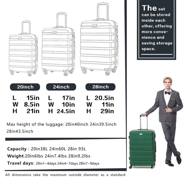 Coolife Luggage 3 Piece Set Spinner Trolley Suitcase Hard Shell Lightweight Carr