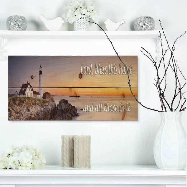 Designart 'Lord Bless This House and All Those in It. Sunset' Textual Entrance Art on Wood Wall Art - Multi-Color - 20 in. Wide