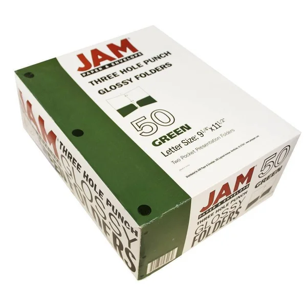 Jam Paper Laminated Glossy 3 Hole Punch Two-Pocket School Folders, Green, Bulk 100/Box (385GHPgrb)