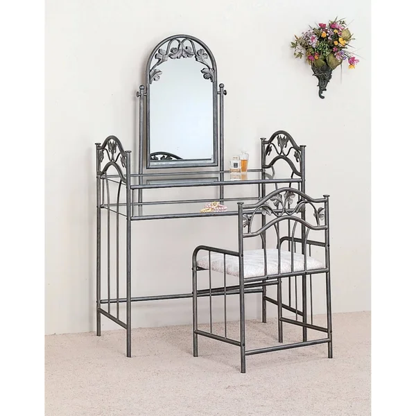 Benzara Opulent Metal Vanity Set with Fabric Upholstered Stool, Gray