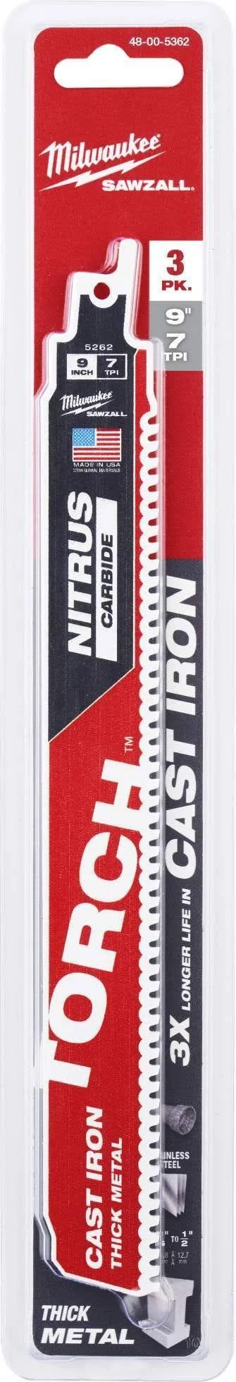 Milwaukee 48-00-5362 9x22 7TPI Sawzall Torch w/ Nitrus Carbide for Cast Iron - 3pk