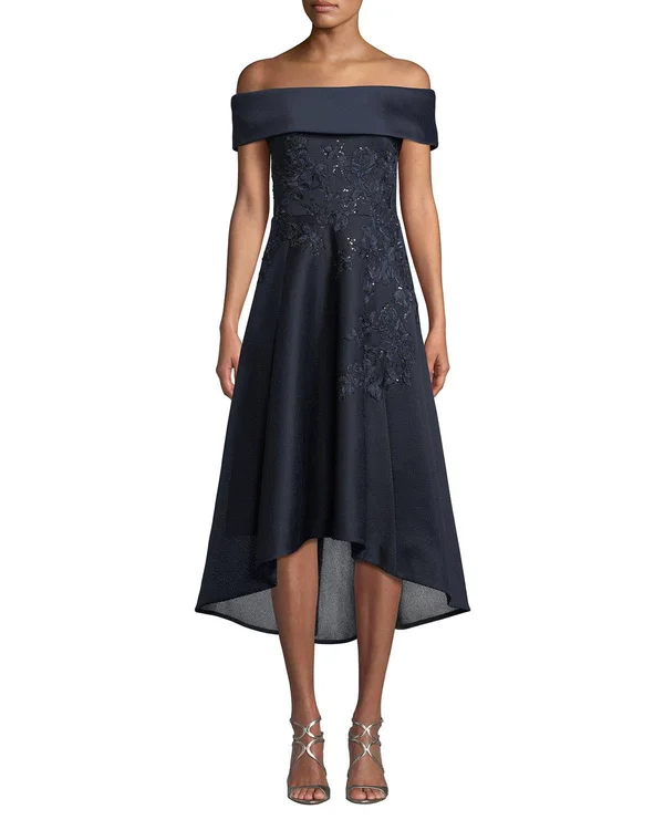 Rickie Freeman for Teri Jon Off-The-Shoulder Embroidered Neoprene High-Low Dress, Blue, Women's, 16
