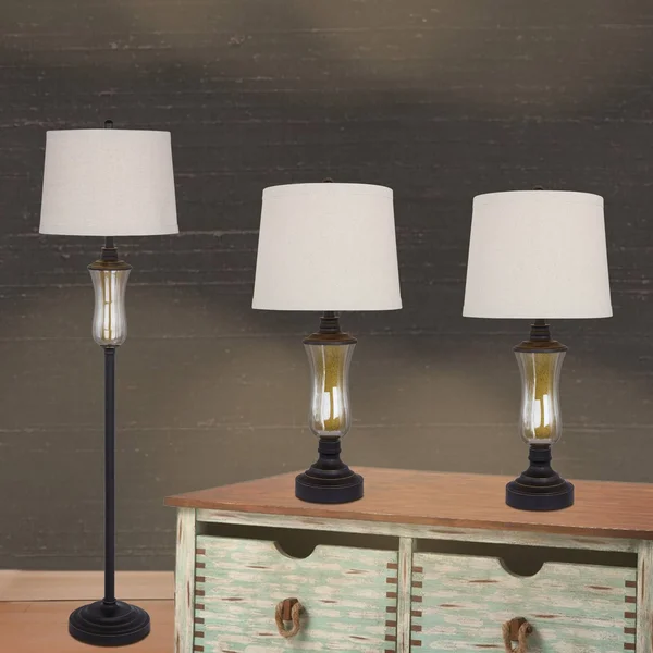Fangio Lighting 3PC Seeded Glass & Metal Lamp Set in Bronze Finish