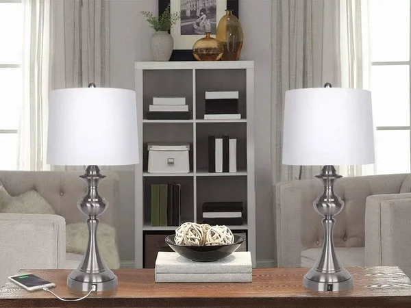 Grandview Gallery Brushed Nickel Table Lamp, Set of 2, 3-Way Switch Lamp with White Linen Shade, USB Charger in Lamp Base