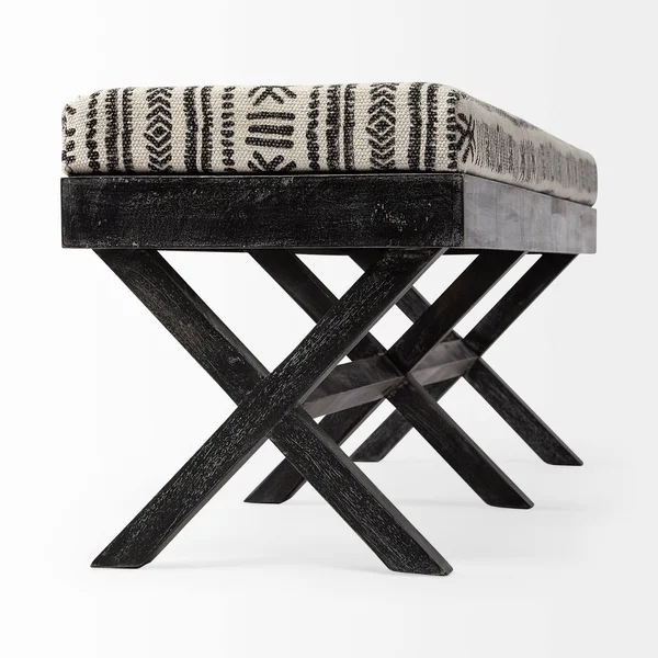 Solis 50L x 16W Brown Base Upholstered Beige/Black Stripe Seat Accent Bench