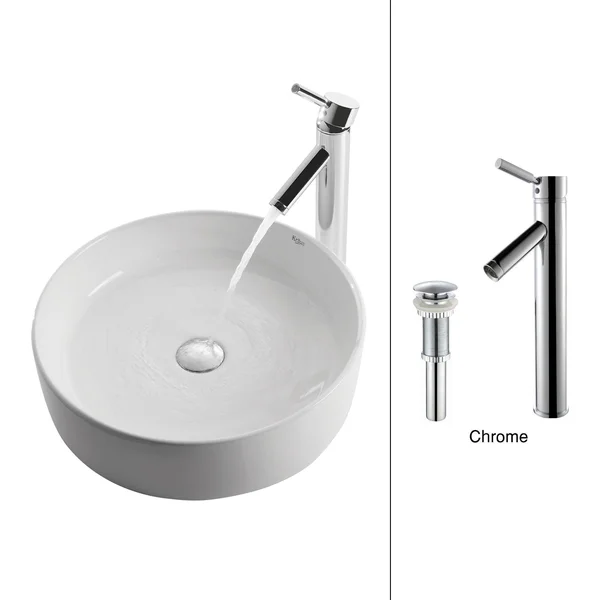 Kraus C-KCV-140-1002SN Round Ceramic Vessel Sink with Sheven Faucet White - Satin Nickel