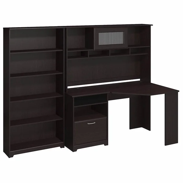 Bush Cabot Corner Desk with Hutch and 5 Shelf Bookcase in Espresso Oak