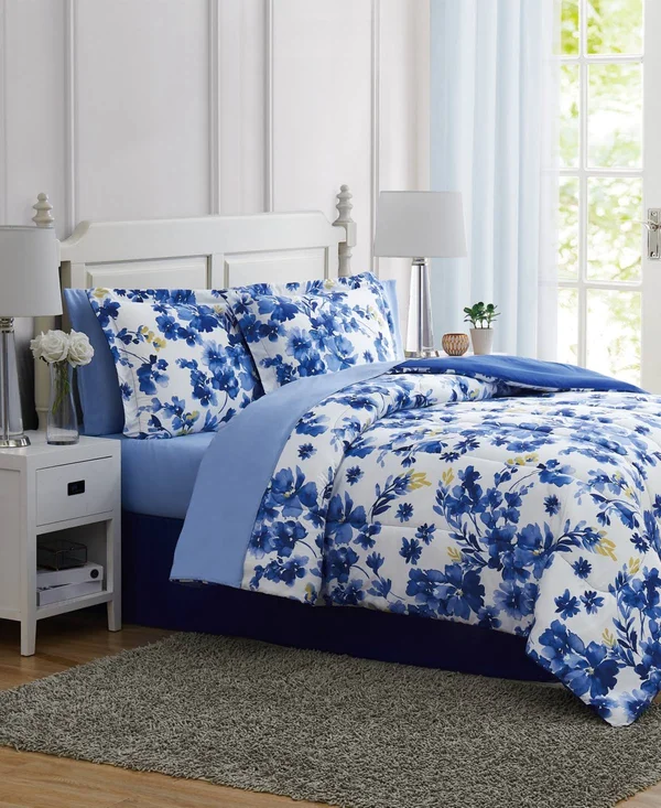 PEM America Blue Watercolor Floral Full 8pc Comforter Set - Blue