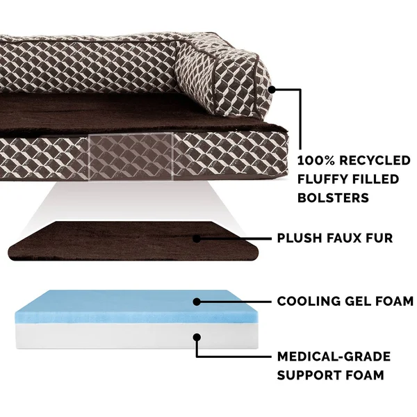 FurHaven Sofa Dog Bed - Plush & D閏or Comfy Couch Cooling Gel Foam, Jumbo Plus, Diamond Brown