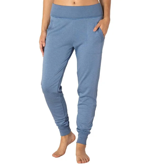 Beyond Yoga Women's Cozy Fleece Foldover Long Sweatpant Jogger Pants - Serene Blue Heather Medium, Spandex