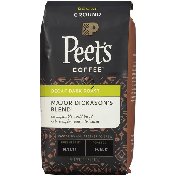 Peets Coffee Coffee - Ground, Dark Roast, Major Dickason&s Blend, Decaf - 12 oz