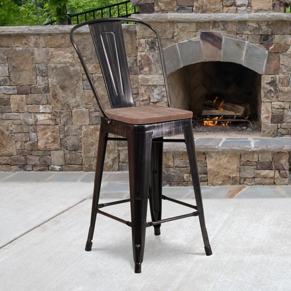 Flash Furniture 24x22 High Metal Counter Height Stool with Back and Wood Seat, Black-Antique Gold