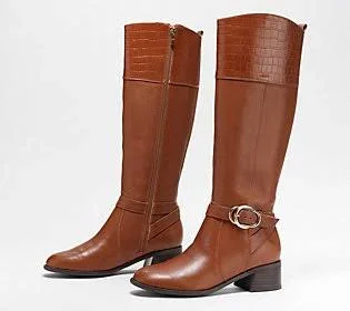 Marc Fisher Wide Calf Leather Tall Shaft Boots- Hailin, Size 5-1/2 Medium, Cognac Leather