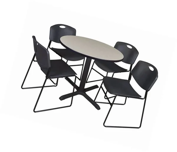 Cain 42x22 Round Breakroom Table- Maple & 4 Zeng Stack Chairs- Black - Regency - TB42RNDPL44BK