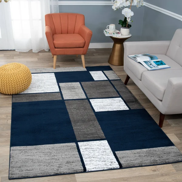 Rugshop Contemporary Modern Boxes Area Rug 5& 3x22 x 7& 3x22 Navy