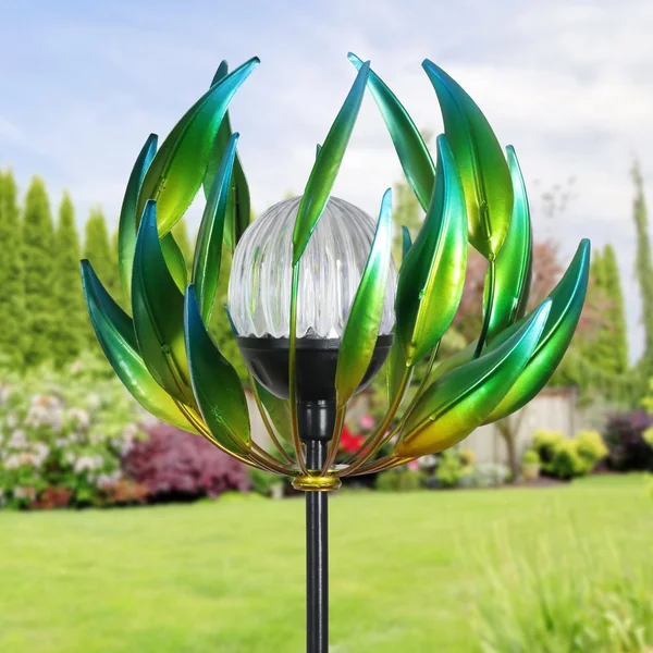 Exhart Solar Spinning Flower with LED Crackle Ball 3.48 ft. Green Metal Garden Stake