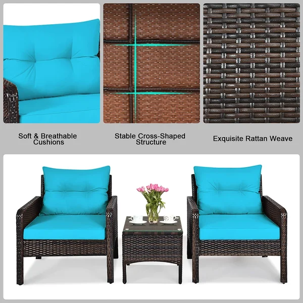 3 Pcs Patio Furniture Set PE Rattan Wicker Outdoor Sofa Set - Red
