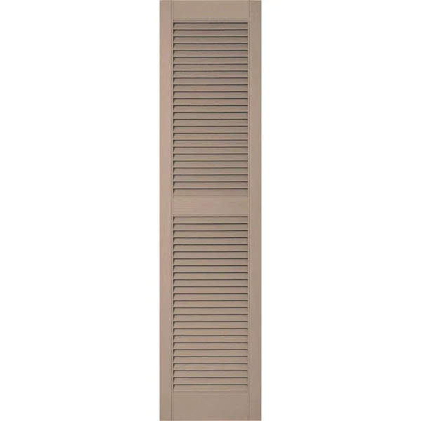 18 inchw x 58 inchh Lifetime Vinyl, Custom Straight Top Center Mullion, Open Louver Shutters, Wicker