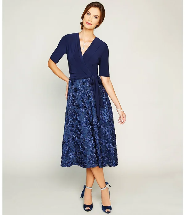Alex Evenings Women's Rosette Tea-Length Dress - Blue 6
