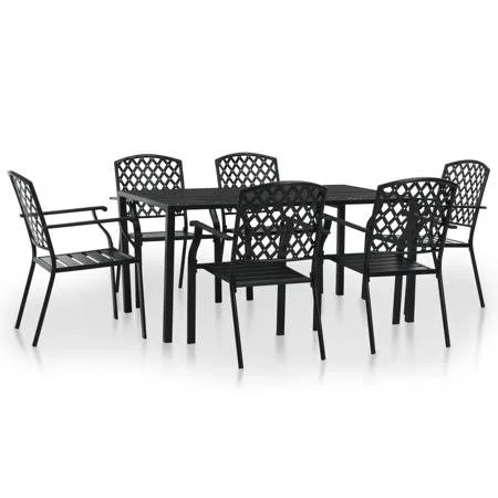 7 Piece Outdoor Dining Set Steel Black, Size: 15.2