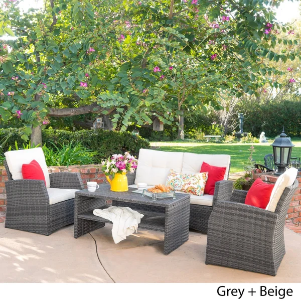 Christopher Knight Home Sanger Outdoor 4-Piece Wicker Seating Set, Grey