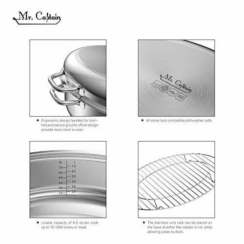 Mr Captain Roasting Pan with Rack and Lid 8.5 Quart, 18/10 Stainless Steel Multi-Use Oval Roaster, Induction Compatible Dishwasher
