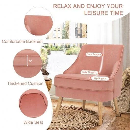Velvet Upholstered Accent Chair with Rubber Wood Legs-Pink, Costway