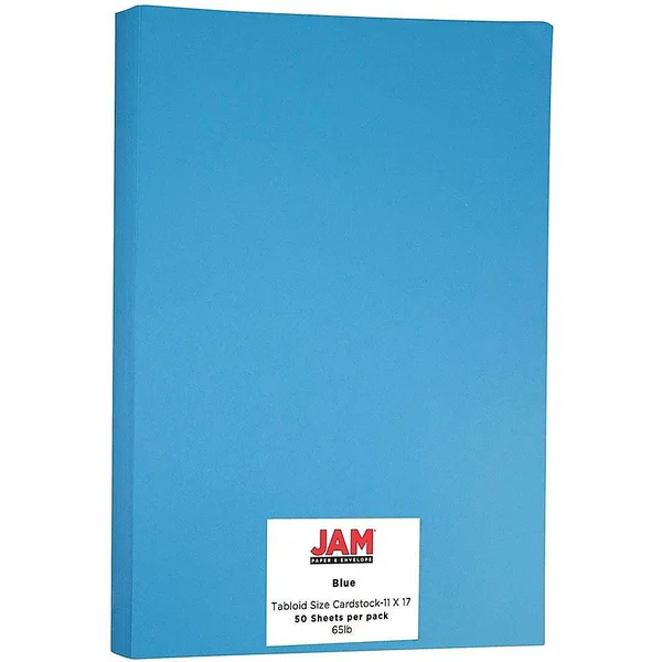 Jam Paper Bright Colored Tabloid Cardstock - 11 x 17, 65lb Blue, 50 Sheets/Pack, 11 x 17 inches