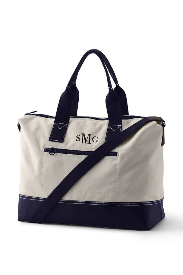 Ivory and Dark Navy Blue Canvas Weekender Duffle Bag - Lands& End - Ivory