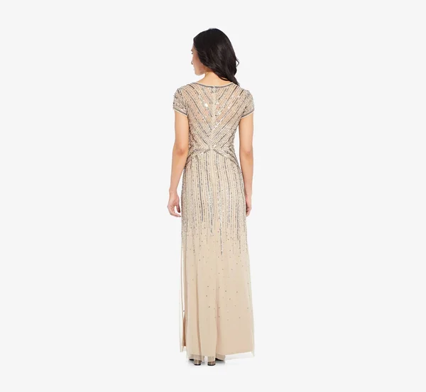 Adrianna Papell Long Beaded Dress, Beige, Size: 20