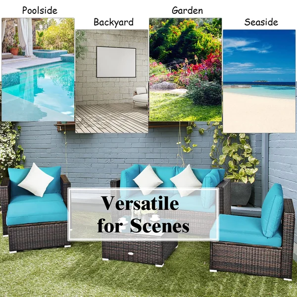 Costway 6-Piece PE Rattan Outdoor Sectional Set with Turquoise Cushions
