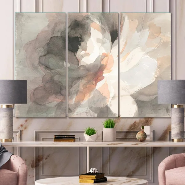Designart 60x22 x 40x22 Abstract Pink Peony Fabric Canvas Wall Art in Gray