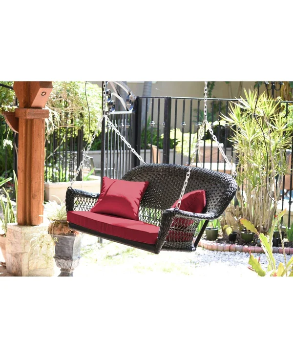 Jeco W00206S-B-FS030 White Resin Wicker Porch Swing with Red Cushion